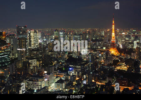 Japan, Honshu-Insel, Kanto, Tokio, Übersicht in der Nacht. Stockfoto