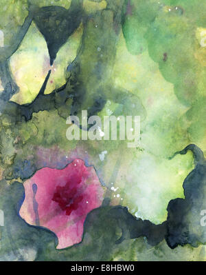 Abstrakt gemalten original Aquarell Hintergrundtextur mit Schmetterling, Blume und atmosphärischen Raum. Stockfoto