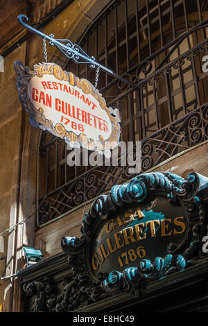 Können Culleretes Restaurant-Zeichen, das zweite älteste Restaurant in Spanien, Barcelona, Katalonien, Spanien Stockfoto