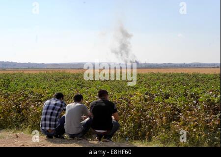 Suruc, Türkei. 8. Oktober 2014. Türkische Kurden jubelten als US militärische hit islamischer Staat Ziele in Kobane Syrien. Hunderte von türkischen Kurden kamen zu Marsitpinar eine Provinz in Suruc, Türkei, über ein Feld in Kobane sehen wo Amerika Luftangriffe gegen den Dschihad Terrorgruppe islamischer Staat geführt hat. © Gail Orenstein/ZUMA Draht/Alamy Live-Nachrichten Stockfoto