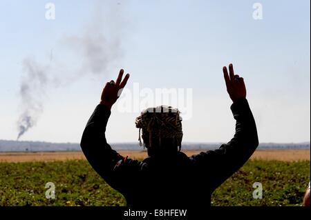 Suruc, Türkei. 8. Oktober 2014. Türkische Kurden jubelten als US militärische hit islamischer Staat Ziele in Kobane Syrien. Hunderte von türkischen Kurden kamen zu Marsitpinar eine Provinz in Suruc, Türkei, über ein Feld in Kobane sehen wo Amerika Luftangriffe gegen den Dschihad Terrorgruppe islamischer Staat geführt hat. © Gail Orenstein/ZUMA Draht/Alamy Live-Nachrichten Stockfoto