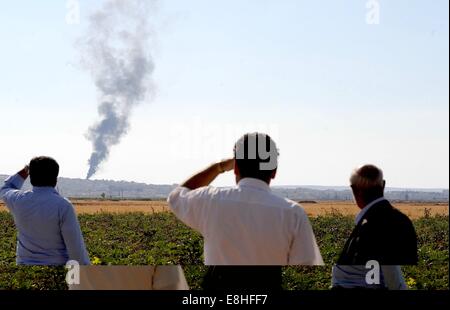 Suruc, Türkei. 8. Oktober 2014. Türkische Kurden jubelten als US militärische hit islamischer Staat Ziele in Kobane Syrien. Hunderte von türkischen Kurden kamen zu Marsitpinar eine Provinz in Suruc, Türkei, über ein Feld in Kobane sehen wo Amerika Luftangriffe gegen den Dschihad Terrorgruppe islamischer Staat geführt hat. © Gail Orenstein/ZUMA Draht/Alamy Live-Nachrichten Stockfoto