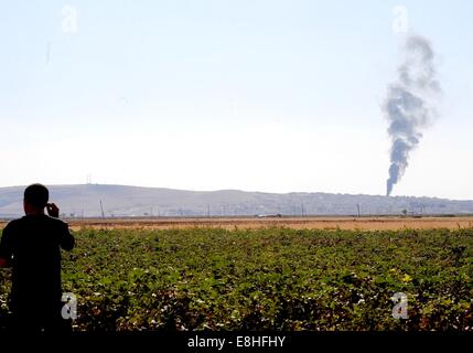 Suruc, Türkei. 8. Oktober 2014. Türkische Kurden jubelten als US militärische hit islamischer Staat Ziele in Kobane Syrien. Hunderte von türkischen Kurden kamen zu Marsitpinar eine Provinz in Suruc, Türkei, über ein Feld in Kobane sehen wo Amerika Luftangriffe gegen den Dschihad Terrorgruppe islamischer Staat geführt hat. © Gail Orenstein/ZUMA Draht/Alamy Live-Nachrichten Stockfoto