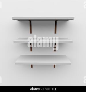 Leere Regale an weißer Wand Stockfoto