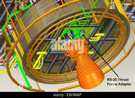 Dieses Design Bild zeigt ein RS-25-Raketentriebwerk auf der a-1 Prüfstand bei NASA Stennis Space Center installiert. Eine Linie zeigt t Stockfoto