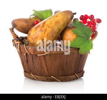 Birne und Viburnum in Korb isoliert auf weiss Stockfoto