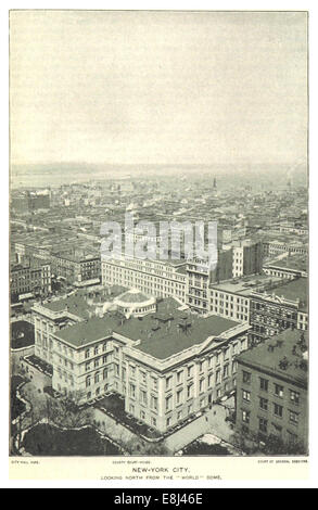 Diese Illustration aus dem Jahr 1893 aus dem Buch von King's New York City bietet einen Panoramablick auf New York City vom World Dome aus und zeigt die berühmte Skyline und architektonische Entwicklung der Stadt während des späten 19. Jahrhunderts. Stockfoto