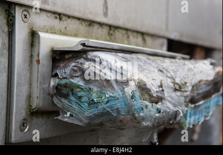 Mail in einen Briefkasten, verrottet, Köln, Nordrhein-Westfalen, Deutschland Stockfoto