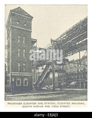 Eine Abbildung von 1893 mit einem Personenaufzug und einer Station für die Hochbahn an der Eighth Avenue und 118th Street, die die frühe Verkehrsinfrastruktur in New York City verdeutlicht. Stockfoto