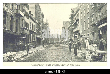Diese Illustration aus der New York City-Serie von King aus dem Jahr 1893 zeigt Chinatown in der Mott Street, westlich der Park Row in Manhattan. Das Bild zeigt die lebendige Straßenlandschaft und die Einwanderergemeinschaft der Gegend während des späten 19. Jahrhunderts. Stockfoto