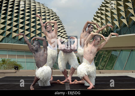 Singapur. 9. Oktober 2014. Tänzer posieren für ein Foto in Singapurs Esplanade am 9. Oktober 2014. Britische Choreograph Matthew Bourne Schwanensee eröffnet auf dem Da: ns-Festival in Singapurs Esplanade am Donnerstag. © Dahin Chih Wey/Xinhua/Alamy Live-Nachrichten Stockfoto