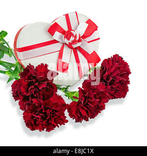 Geschenk-Box in Form des Herzens und der Duft von Nelken-Blumen, Isolated on White Background. Stockfoto