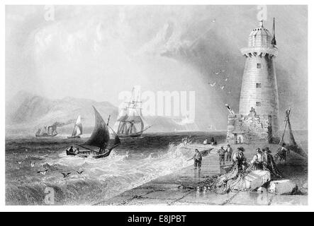 Südwand Leuchtturm mit Howth Binn Éadair Éadar Peak Hill in Dublin, Irland Entfernung ca. 1840 Stockfoto