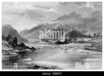 Llanberis Dorf Gwynedd, Nordwales Südufer See Llyn Padarn Fuß Snowdon, Wales.Snowdonia, Yr Wyddfa um 1840 Stockfoto