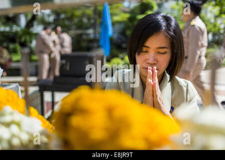 Bangkok, Thailand. 9. Oktober 2014. Eine Frau bittet um Bhumibol Adulyadej, der König von Thailand in der Plaza vor Siriraj Krankenhaus. Der König hat am Siriraj Hospital seit dem 4. Oktober ins Krankenhaus eingeliefert worden und unterzog sich Notfall Gallenblasen-Entfernung Operation Okt. 5. Der König ist auch bekannt als Rama IX, denn er ist der neunte Herrscher der Chakri-Dynastie. Bildnachweis: ZUMA Press, Inc./Alamy Live-Nachrichten Stockfoto