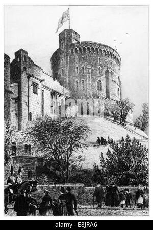 Der Runde Turm Windsor Castle 1887 Travel Park Tourismus königlichen Hause Portrait Flagge England UK United Kingdom GB Great Britain Stockfoto