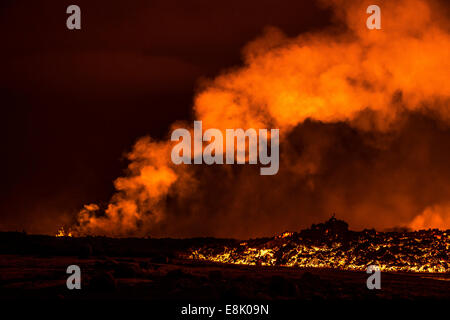 Lavafontänen nachts Eruption in der Holuhraun Spalte, in der Nähe der Bardarbunga Vulkan, Island. Stockfoto