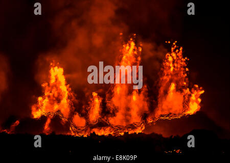 Lavafontänen nachts Eruption in der Holuhraun Spalte, in der Nähe der Bardarbunga Vulkan, Island. Stockfoto