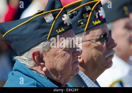 Armee-Veteranen des zweiten Weltkriegs schenken ihre Aufmerksamkeit während einer Rede eine Statue zu Ehren der Veteranen des zweiten Weltkrieges zu widmen. Stockfoto