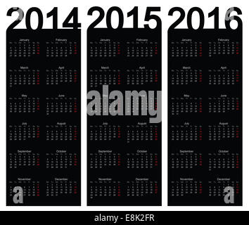 Einfache Kalender Jahr 2014, 2015, 2016, Vektor Stockfoto