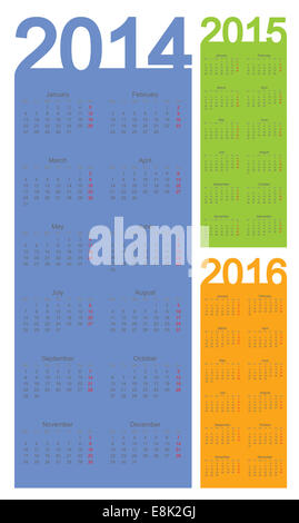 Einfache Kalender Jahr 2014, 2015, 2016, Vektor Stockfoto