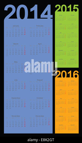 Einfache Kalender Jahr 2014, 2015, 2016, Vektor Stockfoto