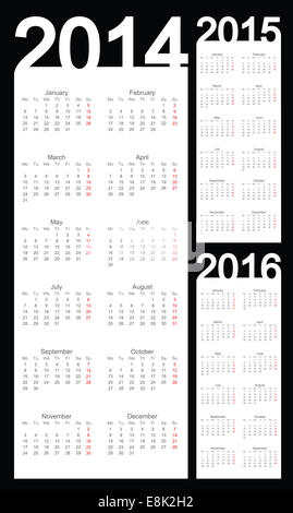 Einfache Kalender Jahr 2014, 2015, 2016, Vektor Stockfoto