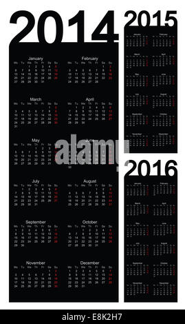 Einfache Kalender Jahr 2014, 2015, 2016, Vektor Stockfoto