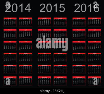 Einfache Kalender Jahr 2014, 2015, 2016, Vektor Stockfoto