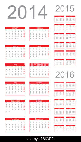 Einfache Kalender Jahr 2014, 2015, 2016, Vektor Stockfoto