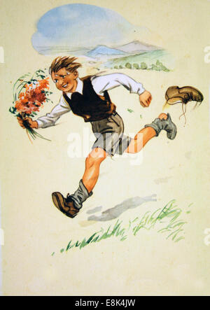 2. Dezember 2009 - Postkarte gedruckt in DDR zeigt junge läuft mit einem Blumenstrauß, ca. 1957 © Igor Golovniov/ZUMA Wire/ZUMAPRESS.com/Alamy Live News Stockfoto
