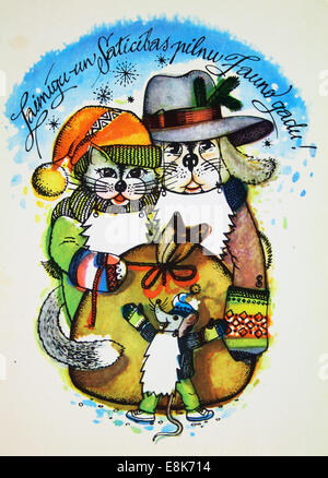 2. Dezember 2009 - zeigt Reproduktion antiker Weihnachtskarte Postkarte, Katze, Hund und Maus mit Geschenken, ca. 1983, USSR... Text in lettischer Sprache: Glück und Harmonie das Neujahr (Credit-Bild: © Igor Golovniov/ZUMA Wire/ZUMAPRESS.com) Stockfoto