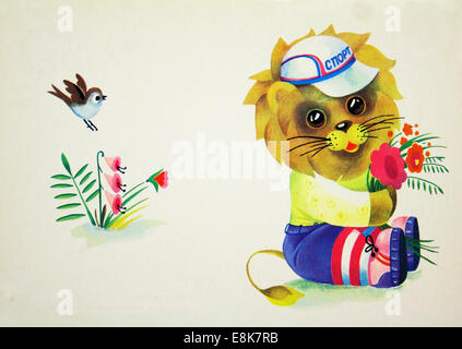 Reproduktion von antiken Postkarte zeigt Löwen mit Blumen, ca. 1985, USSR. 2. Dezember 2009. © Igor Golovniov/ZUMA Wire/ZUMAPRESS.com/Alamy Live-Nachrichten Stockfoto