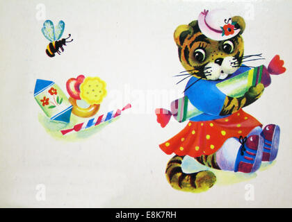 Reproduktion von antiken Postkarte zeigt Tiger mit Geschenk in Händen, ca. 1985, USSR. 2. Dezember 2009. © Igor Golovniov/ZUMA Wire/ZUMAPRESS.com/Alamy Live-Nachrichten Stockfoto