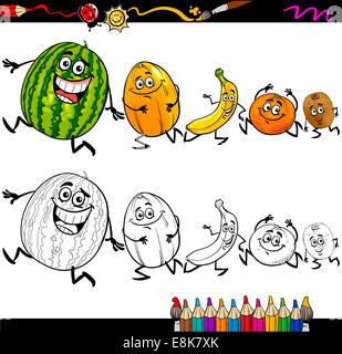 Coloring Book oder Seite Cartoon Illustration der schwarz / weiß Funny Running Früchte Gruppe für Kinder Stockfoto