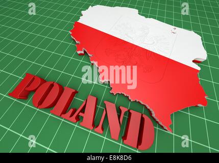 3D-Illustration Karte Polens mit Flagge und Wappen Stockfoto