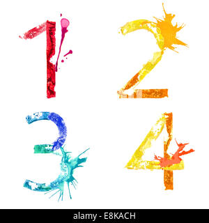 Bunte Farbe Splash Alphabet Zahlen 1,2,3,4 - Stock Illustration Stockfoto