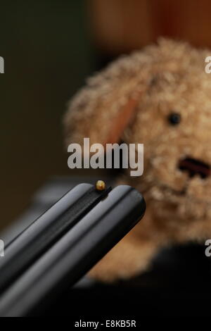 Ein kleiner Plüsch Hund steht vor die Mündung einer Pistole. Stockfoto