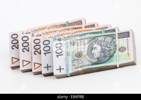 Business-Konzept der polnische Zloty Stapel Banknoten isoliert auf weißem Hintergrund Stockfoto
