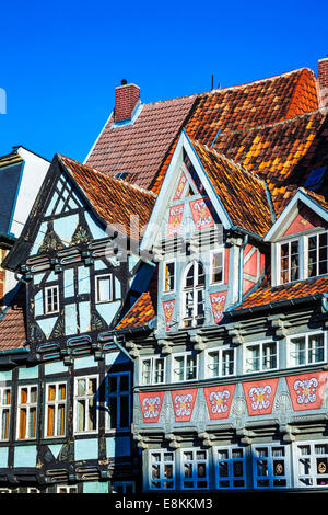 Mittelalterliche Fachwerkhäuser in der UNESCO-Welterbe-Stadt Quedlinburg, Deutschland. Stockfoto