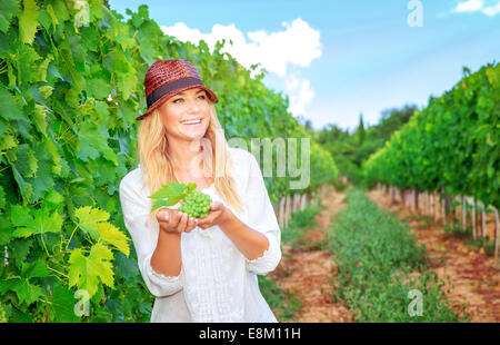 Glückliche Frau auf dem Weinberg, Kommissionierung frische reife Trauben, leckere süße Früchte, Herbst Erntezeit, Weinbau Konzept Stockfoto