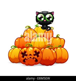Haufen von Halloween-Kürbisse mit einer schwarzen Katze drauf Stockfoto