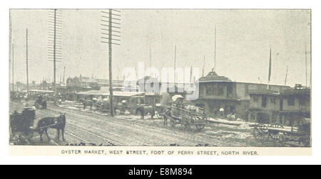 Eine Illustration aus der New York City Serie von King aus dem Jahr 1893, die den Oyster Market am Fuße der Perry Street am North River zeigt. Das Bild zeigt die geschäftige städtische Umgebung des New Yorks Ende des 19. Jahrhunderts. Stockfoto