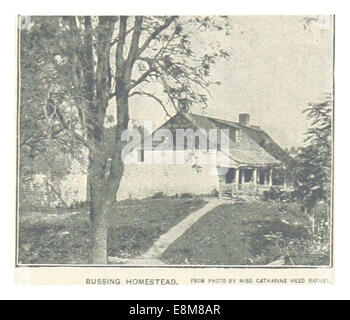 Diese Illustration aus der New Yorker Serie von King aus dem Jahr 1893 zeigt die Bussing Homestead, eine frühe amerikanische Siedlung, die ihre architektonische und kulturelle Bedeutung zeigt. Stockfoto