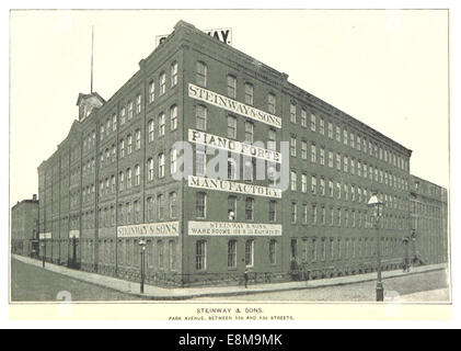 Diese Illustration von King's New York City aus dem Jahr 1893 zeigt das berühmte Steinway & Sons-Gebäude an der Park Avenue in New York. Es erfasst die architektonischen Merkmale des Gebäudes und seine Bedeutung in der damaligen Welt der Musik- und Klavierherstellung. Stockfoto