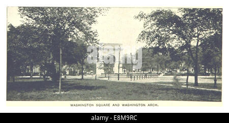 Eine Illustration aus der New York City Serie von King aus dem Jahr 1893 zeigt den Washington Square und den Washington Arch. Die Vintage-Skizze hebt dieses berühmte Wahrzeichen von New York City und seine Bedeutung als öffentlicher Raum und historisches Denkmal hervor. Stockfoto