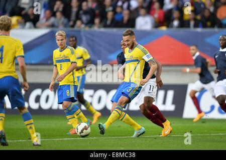 Stade-Le Mans, Le Mans, Frankreich. 10. Oktober 2014. U23-internationaler Fußball. Euro 2015-Qualifikationsspiel zwischen Frankreich und Schweden. John Guidetti (Swe) Credit: Action Plus Sport/Alamy Live News Stockfoto