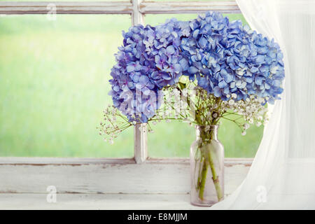 Blumen in einer antiken Flasche sitzen auf einem Fensterbrett angezeigt Stockfoto