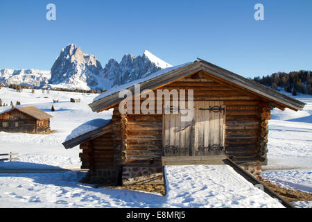 Hütten auf Seisser Alm, Italien, Sasslong Berg im Hintergrund Stockfoto