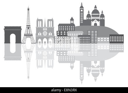 Paris Frankreich City Skyline Umriss Silhouette Graustufen mit Reflexion isoliert auf weißem Hintergrund Panorama-Illustration Stockfoto